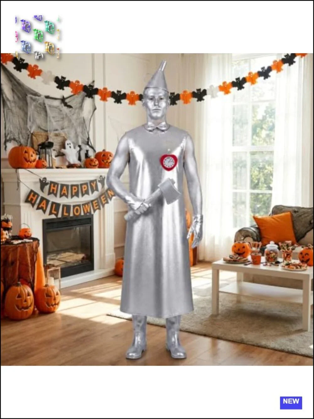 Silver Tin Man Halloween Costume with Funnel Hat Axe Accessories